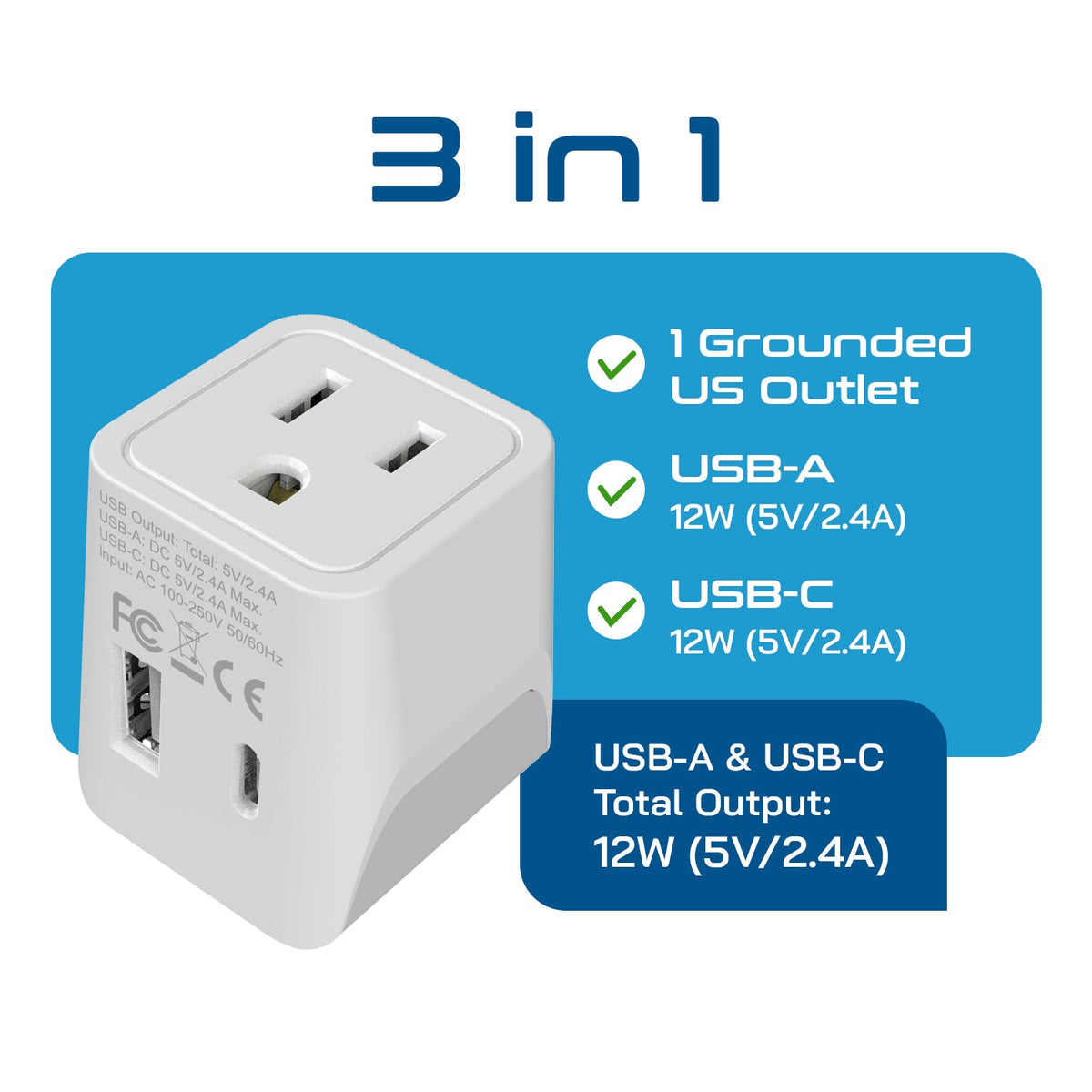 Japan, Philippines Travel Adapter - Type A - USB-A + USB-C (CTU-6)
