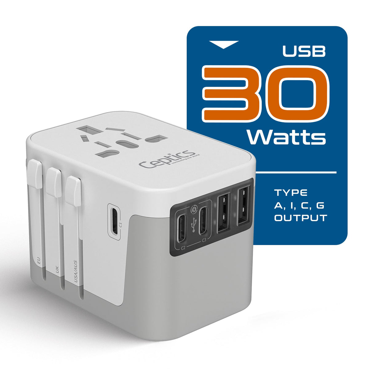 30W 6 in 1 Universal Travel Adapter - 2 USB-A + 3 USB-C - Max. 30W (6A) - White (UP-30KU-WH)