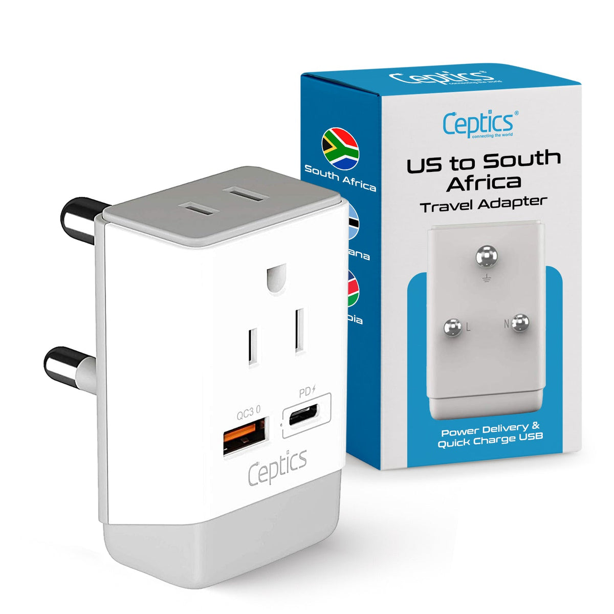 South Africa Travel Adapter | Type M - USB-A & USB-C Ports + 2 USA Outlet (AP-10L)