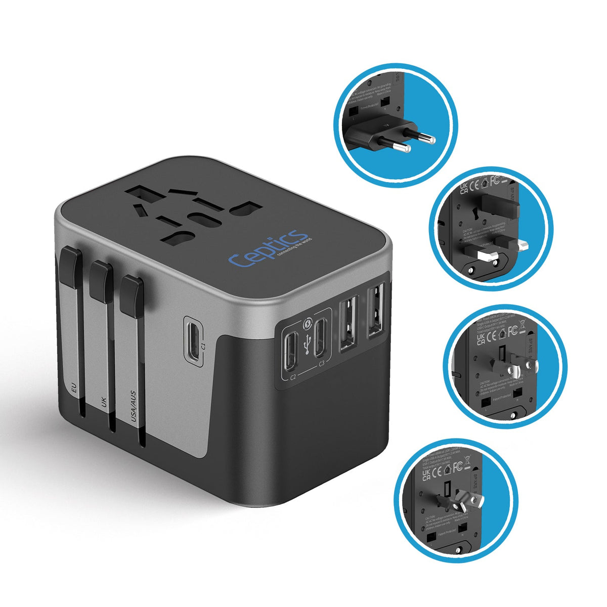 30W 6 in 1 Universal Travel Adapter - 2 USB-A + 3 USB-C - Max. 30W (6A) (UP-30KU-BL)