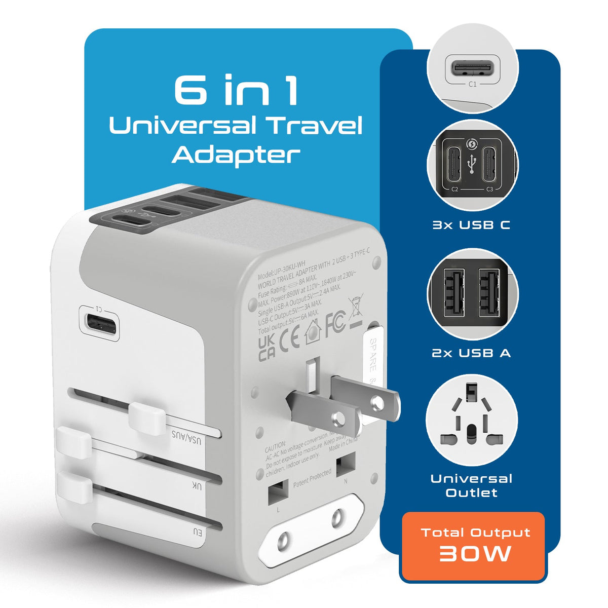 30W 6 in 1 Universal Travel Adapter - 2 USB-A + 3 USB-C - Max. 30W (6A) - White (UP-30KU-WH)