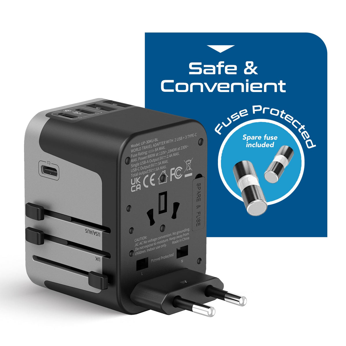 30W 6 in 1 Universal Travel Adapter - 2 USB-A + 3 USB-C - Max. 30W (6A) (UP-30KU-BL)
