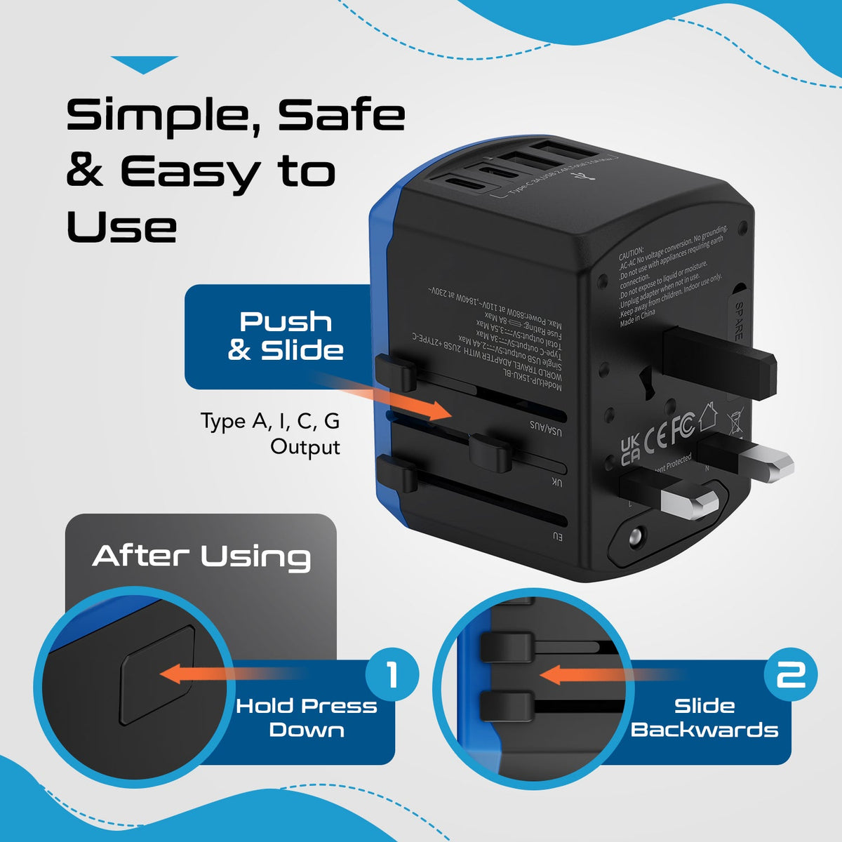 All-In-One International Travel Adapter - 5 in 1 - 2 USB-A & 2 USB-C - Max. 17.5W (3.5A) (UP-15KU-BL)