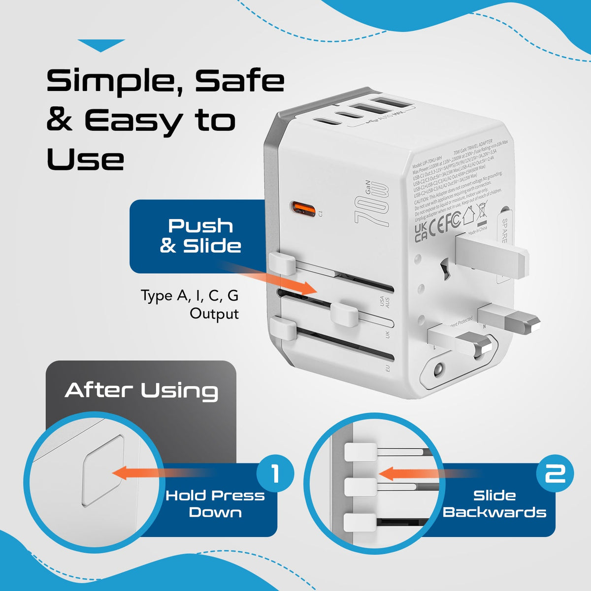 70W 6 in 1 International Travel Plug Adapter - 2 USB-C + 1 GaN 3.0 USB-C & 2 USB ports - Max. 60W (12A) - White (UP-70KU-WH)
