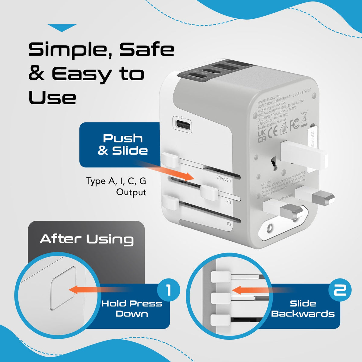 30W 6 in 1 Universal Travel Adapter - 2 USB-A + 3 USB-C - Max. 30W (6A) - White (UP-30KU-WH)