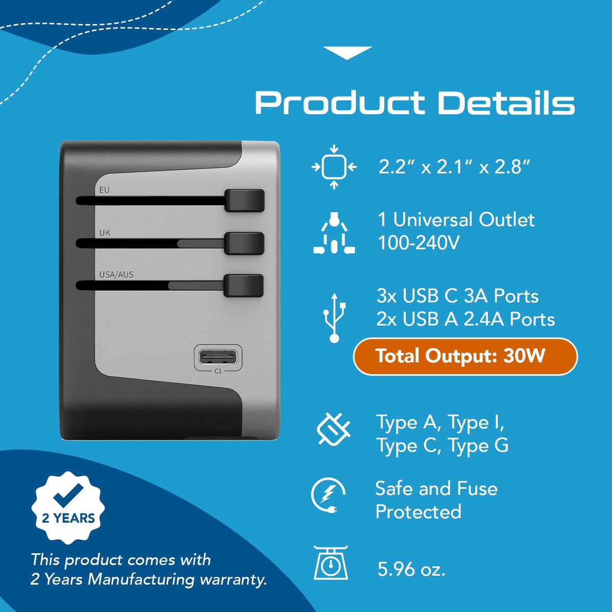 30W 6 in 1 Universal Travel Adapter - 2 USB-A + 3 USB-C - Max. 30W (6A) (UP-30KU-BL)