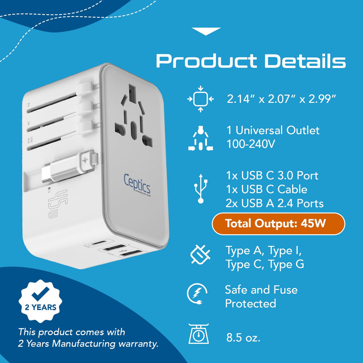45W 5 in 1 Universal Travel Adapter - 2 USB-A + 1 retractable USB-C cable (PD 45W), & 1 USB-C - Max. 45W (9A) - White (UP-45WC-WH)