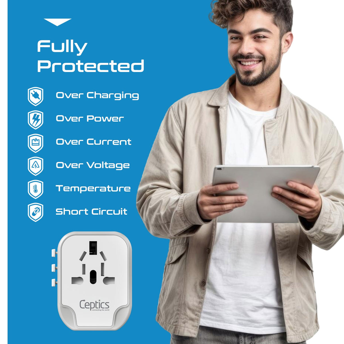 5 in 1 Universal Travel Adapter - 2 USB-A + USB-C - Max. 17W (3.4A) - White (UP-16KU-WH)
