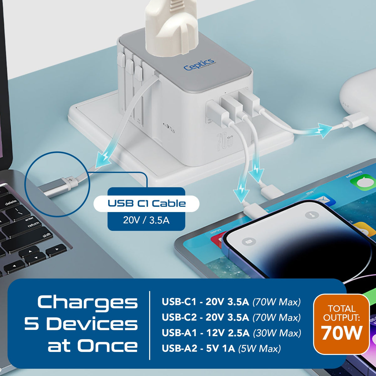70W Universal Travel Adapter - 2 USB-A + 1 GaN 3.0 retractable USB-C cable & 1 USB-C - (UP-70WC-WH)
