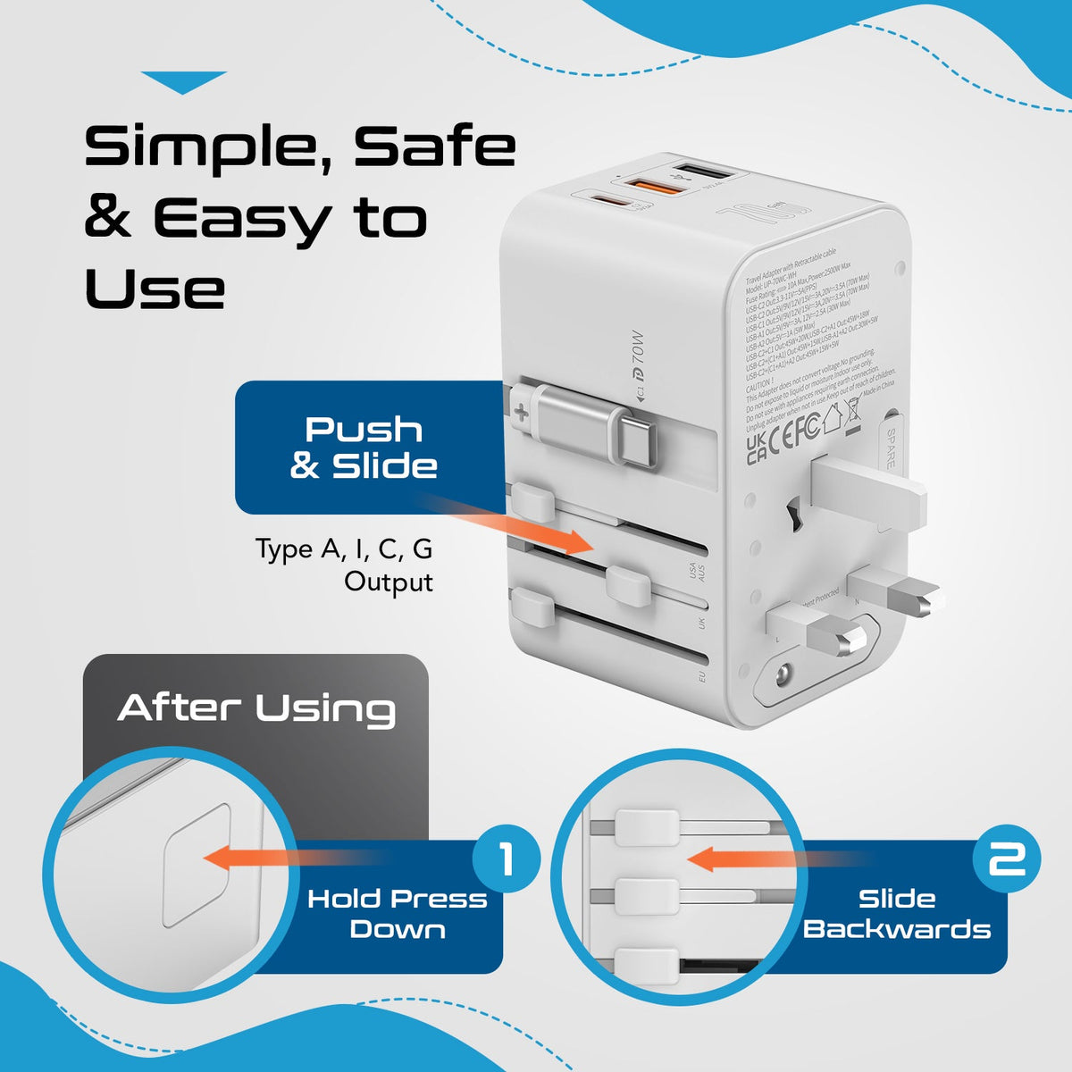 70W Universal Travel Adapter - 2 USB-A + 1 GaN 3.0 retractable USB-C cable & 1 USB-C - (UP-70WC-WH)