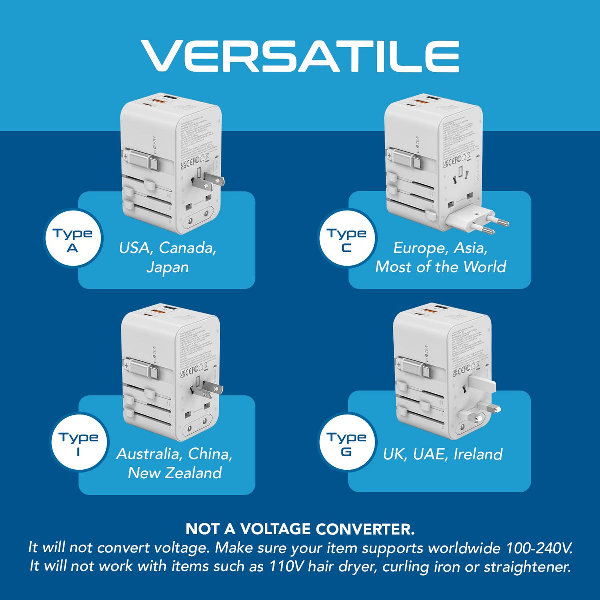 70W Universal Travel Adapter - 2 USB-A + 1 GaN 3.0 retractable USB-C cable & 1 USB-C - (UP-70WC-WH)