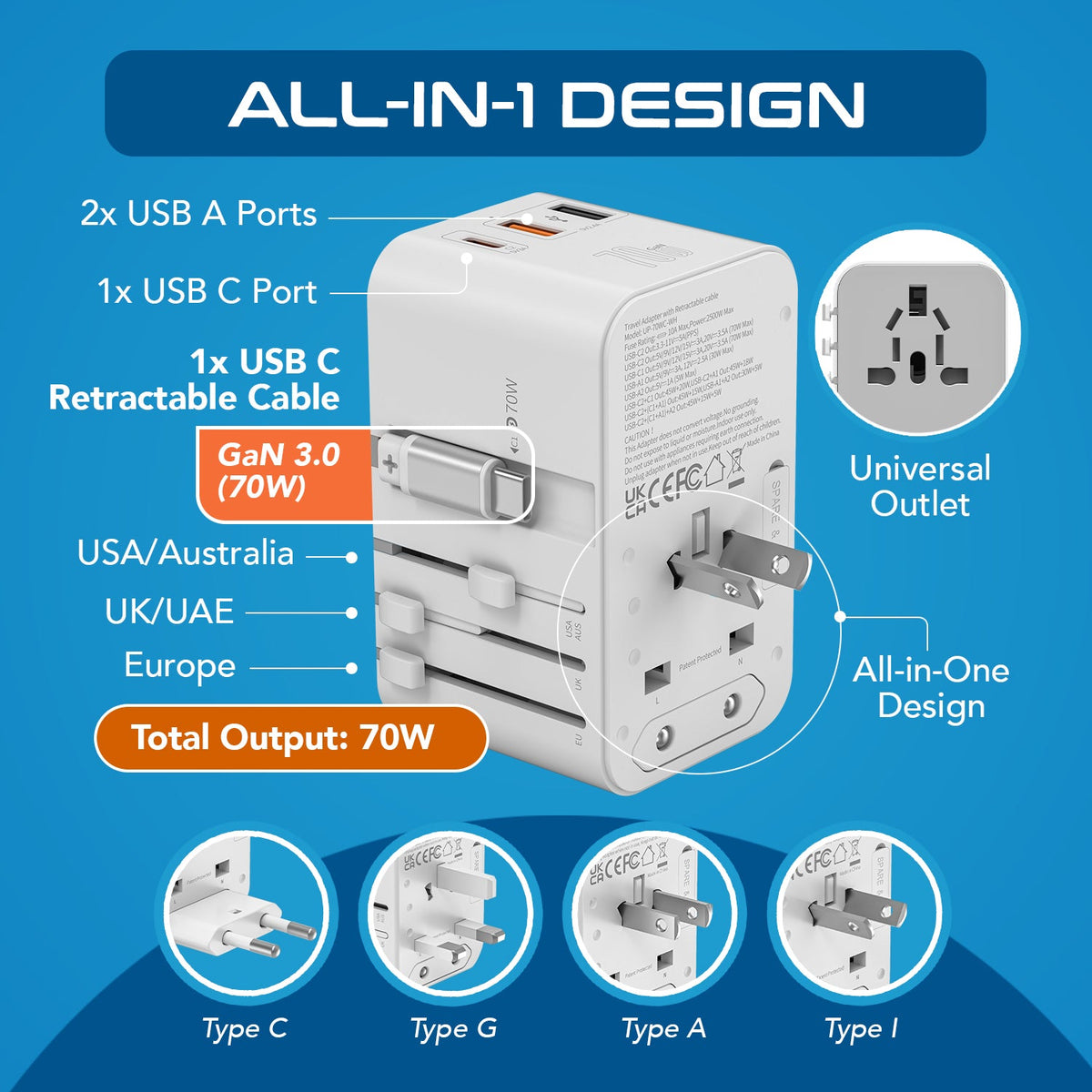 70W Universal Travel Adapter - 2 USB-A + 1 GaN 3.0 retractable USB-C cable & 1 USB-C - (UP-70WC-WH)