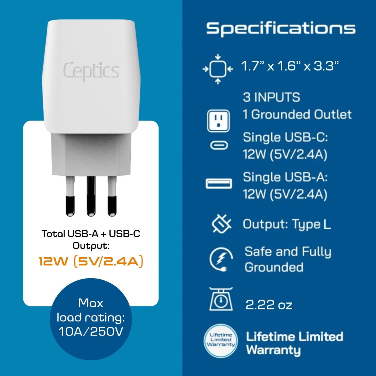 Italy Travel Adapter - Type L - USB-A + USB-C (CTU-12A)