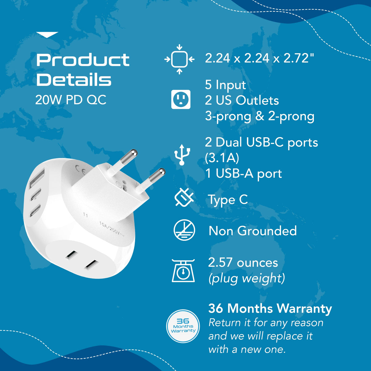 European Travel Plug Adapter - Type C - 5 in 1 - Ultra Compact (PTU-9C)