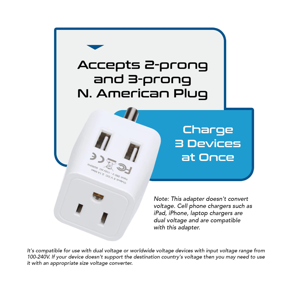 India Travel Adapter - Type D - Dual USB (CTU-10)