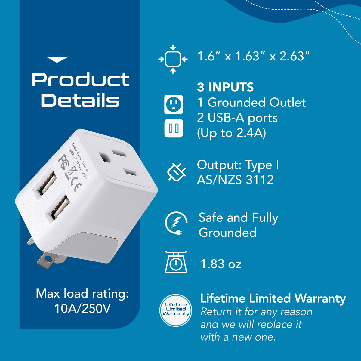 Australia, China Travel Adapter Plug with Dual USB - Type I - 2 Pack (CTU-16-2PK)