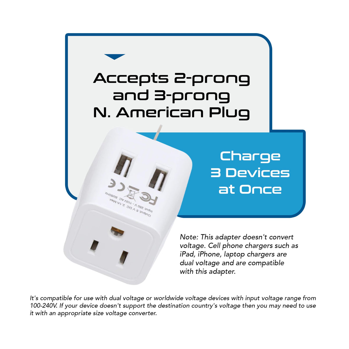 Australia, China Travel Adapter Plug with Dual USB - Type I - 2 Pack (CTU-16-2PK)