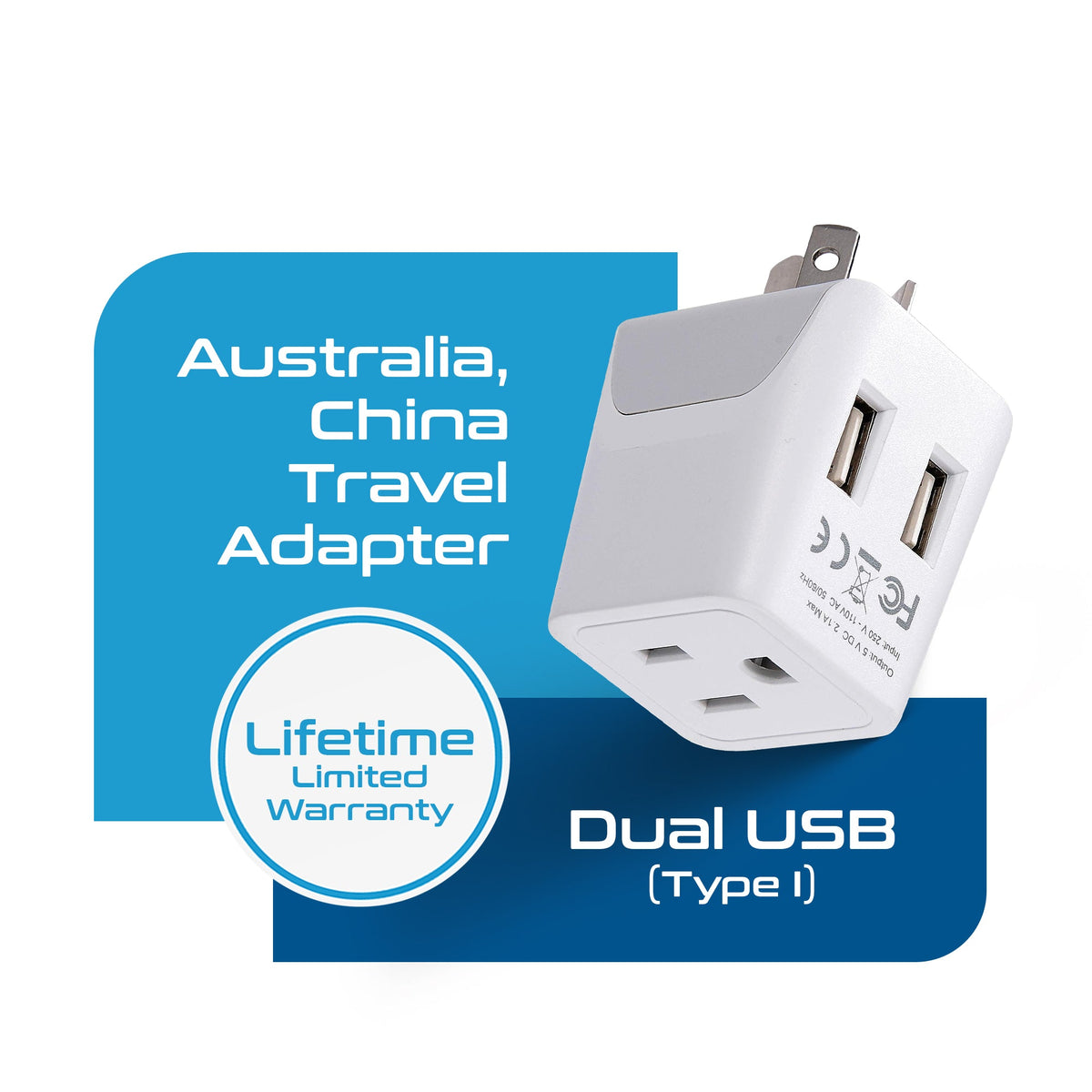 Australia, China Travel Adapter Plug with Dual USB - Type I - 2 Pack (CTU-16-2PK)
