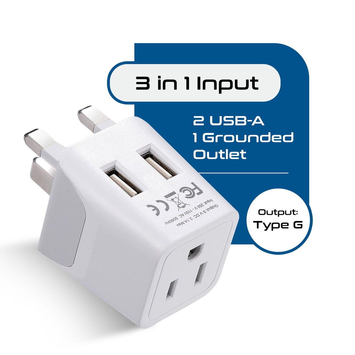 UK, England Travel Adapter Plug with Dual USB - Type G - 2 Pack (CTU-7)