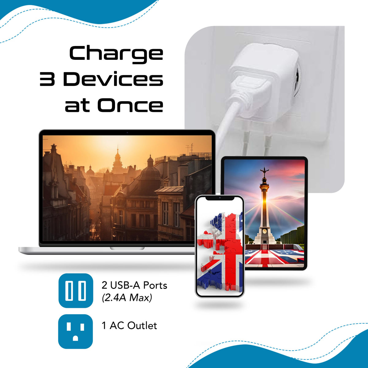 UK, England Travel Adapter Plug with Dual USB - Type G - 2 Pack (CTU-7)