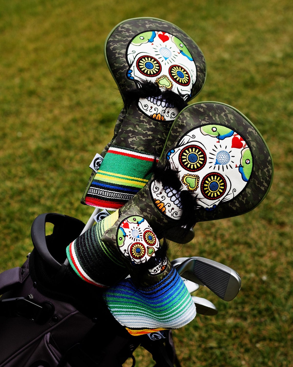 Mustache Sugar Skull - Fairway Cover Green Camo