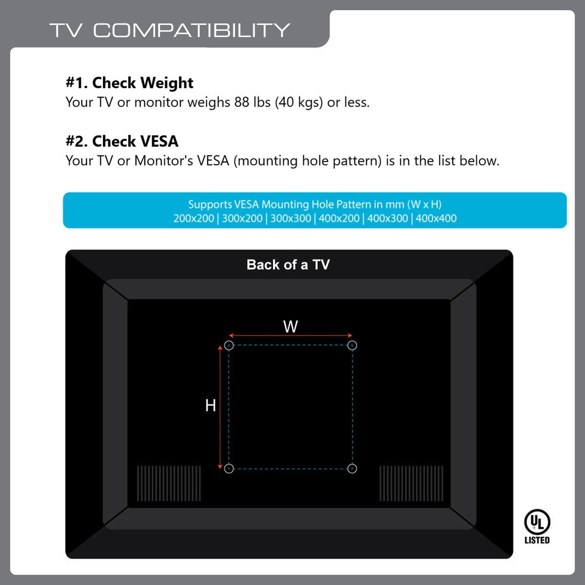 TV compatibility chart for QG-TM-F-014: fits TVs up to 88 lb with VESA patterns 200x200 to 400x400 mm, UL Listed