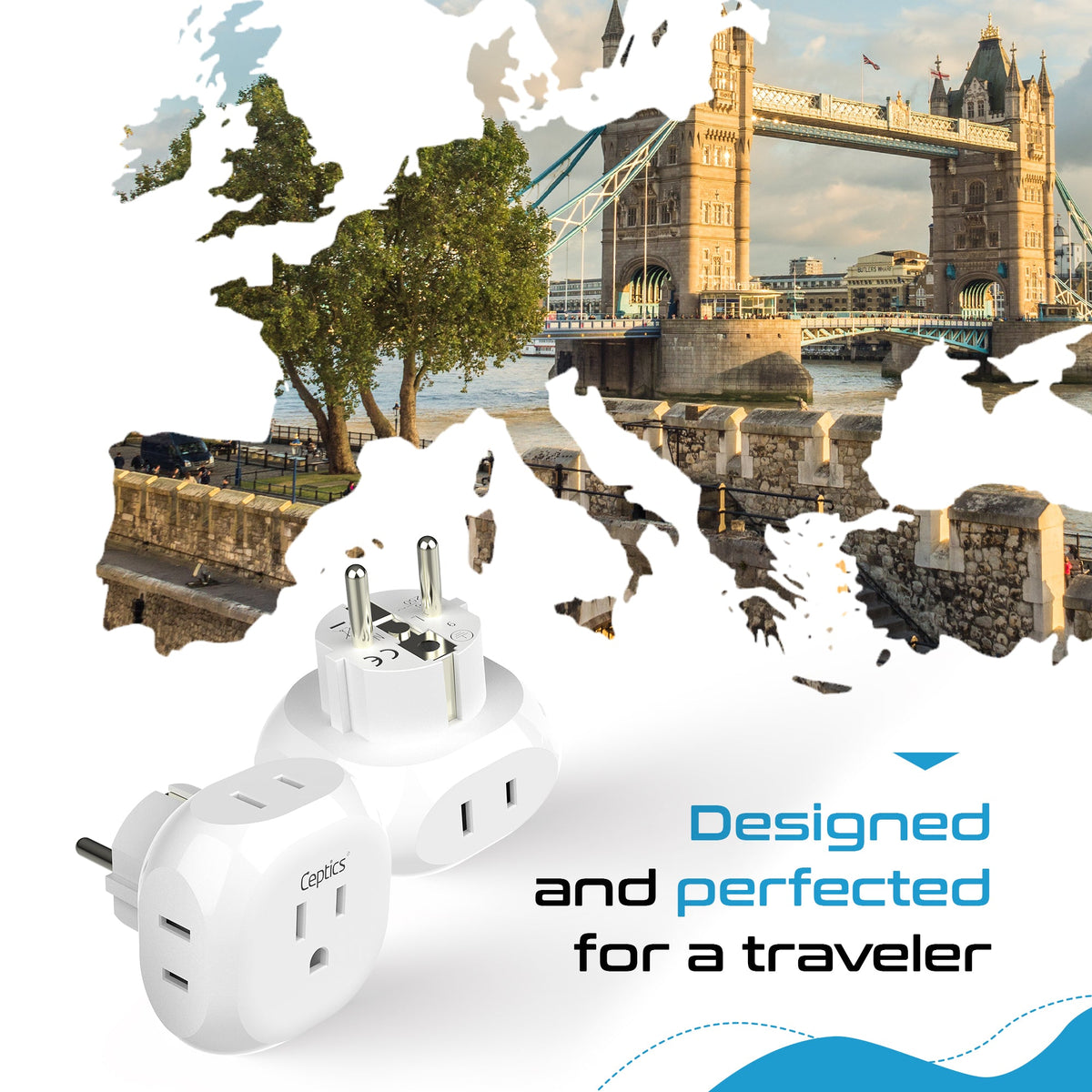 European Schuko Travel Plug Adapter - 4 in 1 - Ultra Compact - Light Weight - 2 Pack (PT-9-2PK)
