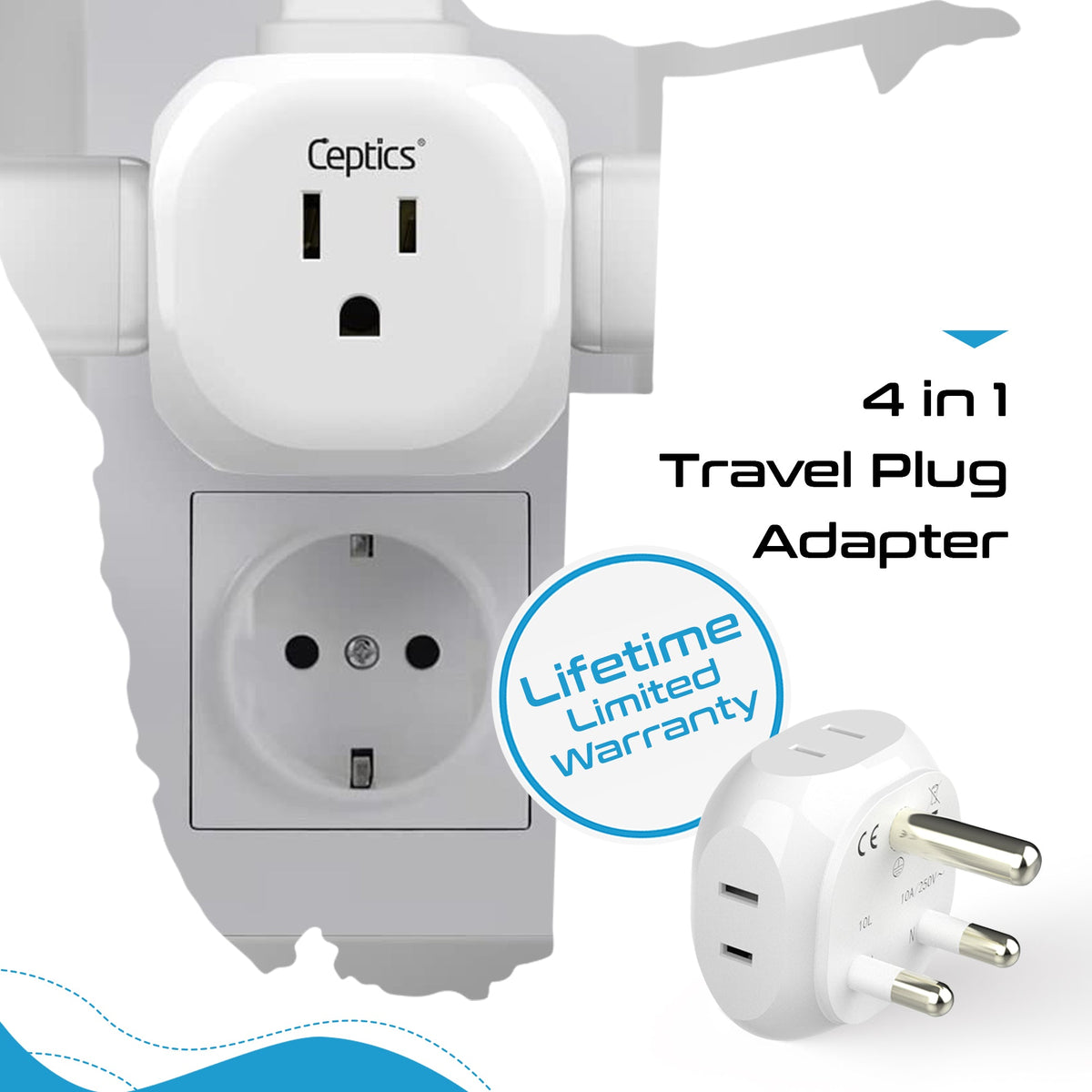 South Africa Travel Adapter Set - 4 in 1 - Ultra Compact - Light Weight - 4 Pack (PT-7-10L-4PK)