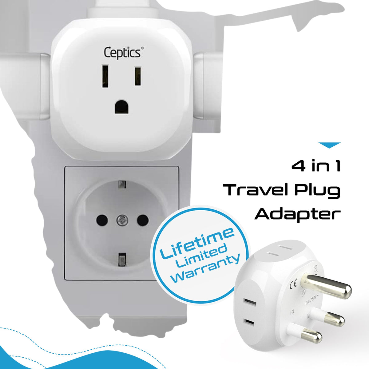 South Africa Travel Plug Adapter - 4 in 1 - Ultra Compact - Light Weight - 2 Pack (PT-10L-2PK)