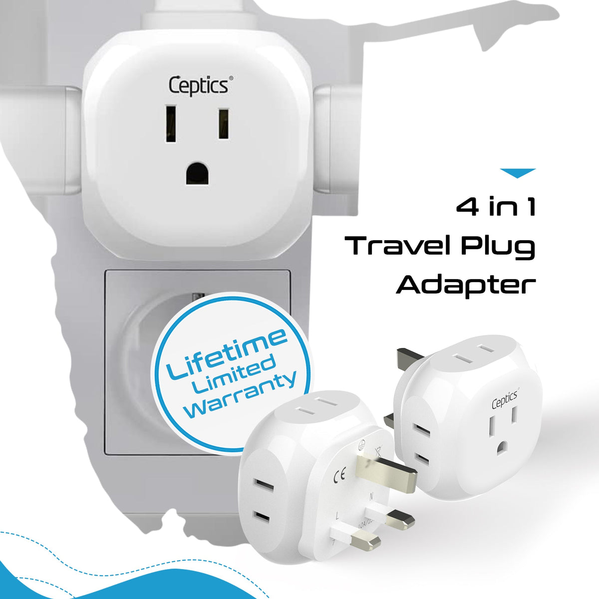 UK, Ireland Travel Plug Adapter - 4 in 1 - Ultra Compact - Light Weight - 2 Pack (PT-7-2PK)