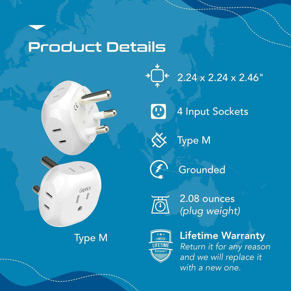 South Africa Travel Plug Adapter - 4 in 1 - Ultra Compact - Light Weight - 2 Pack (PT-10L-2PK)