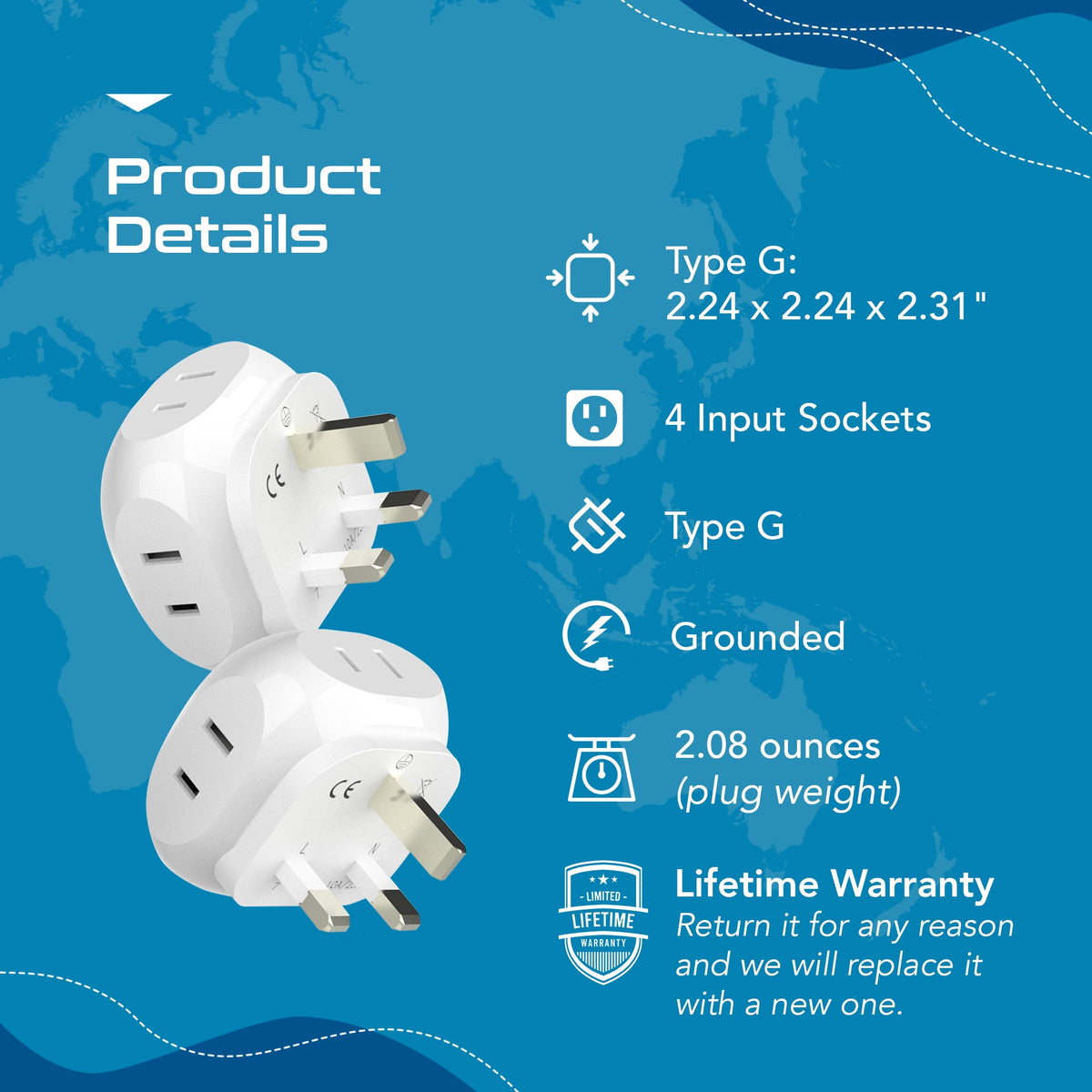 UK, Ireland Travel Plug Adapter - 4 in 1 - Ultra Compact - Light Weight - 2 Pack (PT-7-2PK)