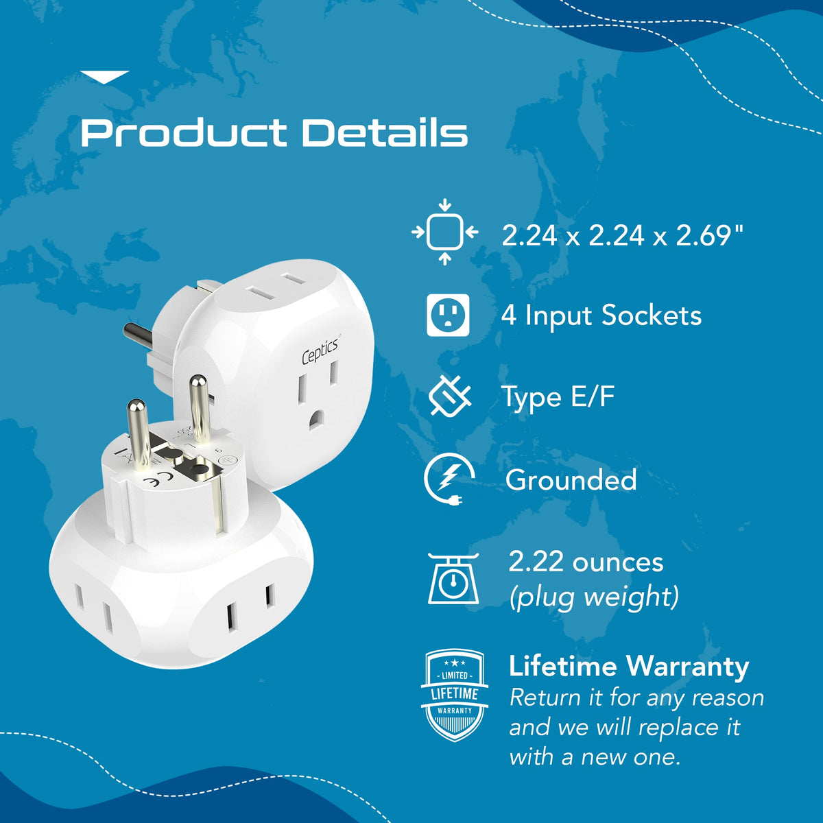European Schuko Travel Plug Adapter - 4 in 1 - Ultra Compact - Light Weight - 2 Pack (PT-9-2PK)