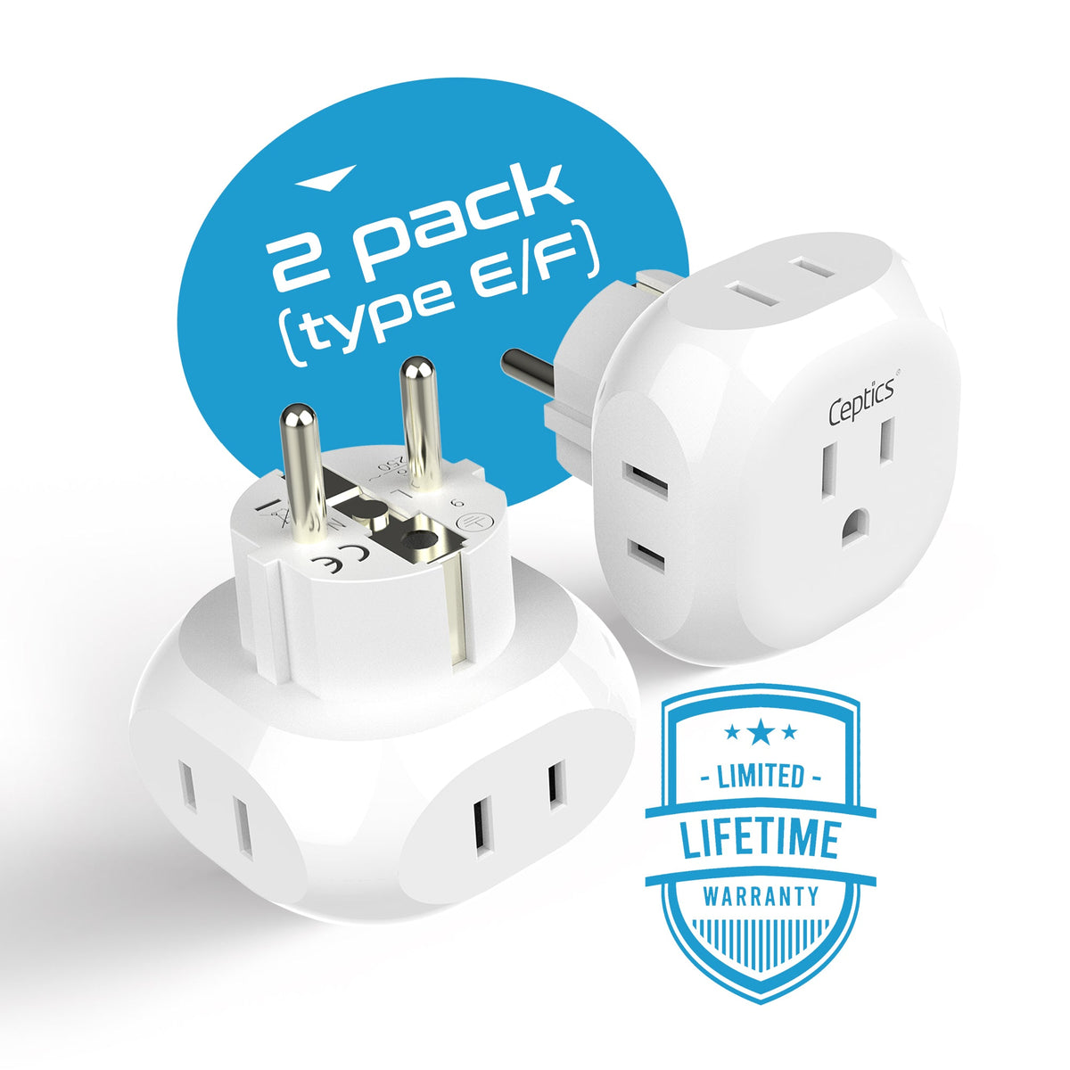 European Schuko Travel Plug Adapter - 4 in 1 - Ultra Compact - Light Weight - 2 Pack (PT-9-2PK)
