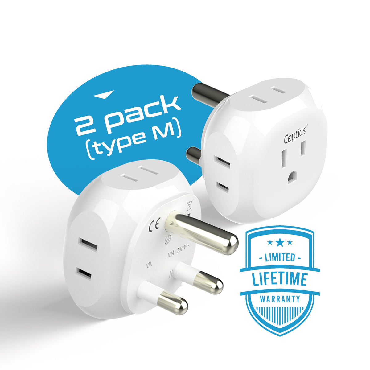 South Africa Travel Plug Adapter - 4 in 1 - Ultra Compact - Light Weight - 2 Pack (PT-10L-2PK)