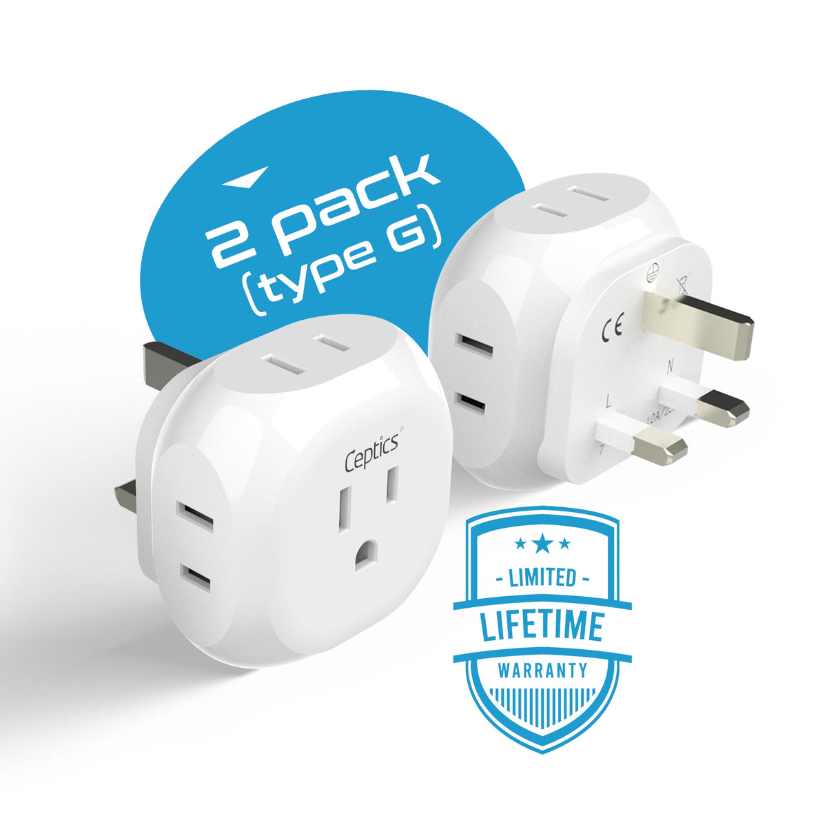 UK, Ireland Travel Plug Adapter - 4 in 1 - Ultra Compact - Light Weight - 2 Pack (PT-7-2PK)