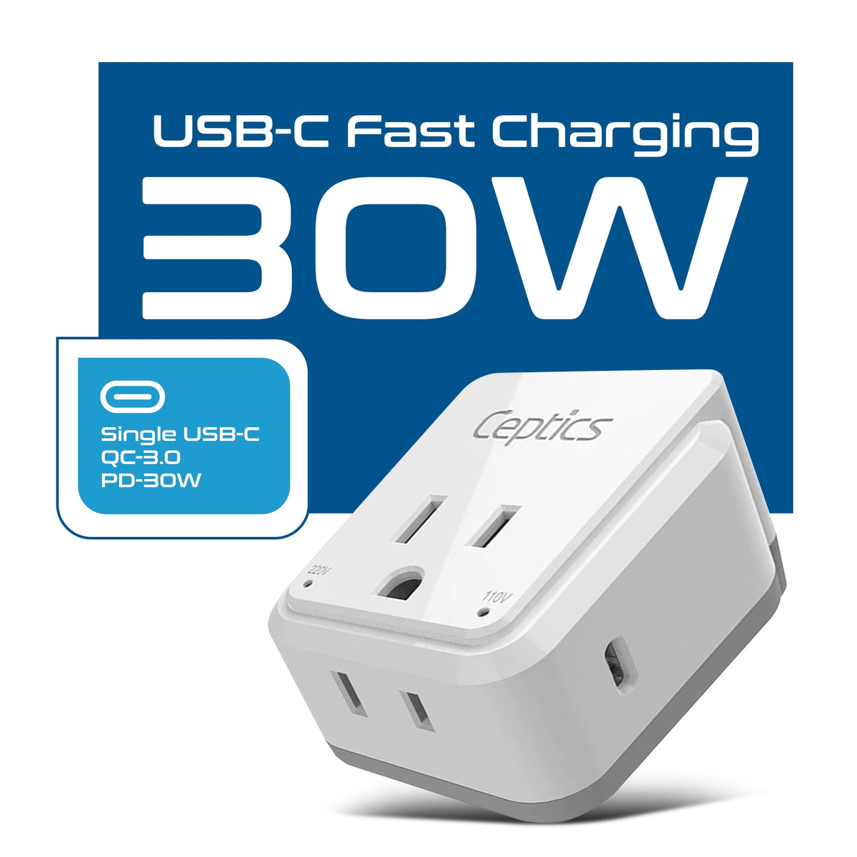 UK, Hong Kong, Travel Plug Adapter | Type G - USB-C Ports + 2 US Outlets (PAK-30W-7)
