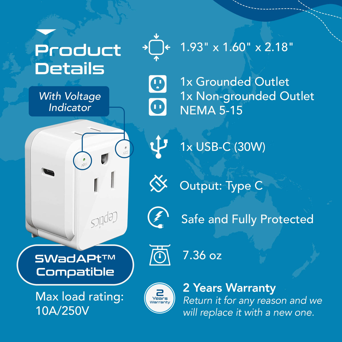 European travel Plug Adapter | Type C - USB C Port + 2 US Outlets (PAK-30W-9C)