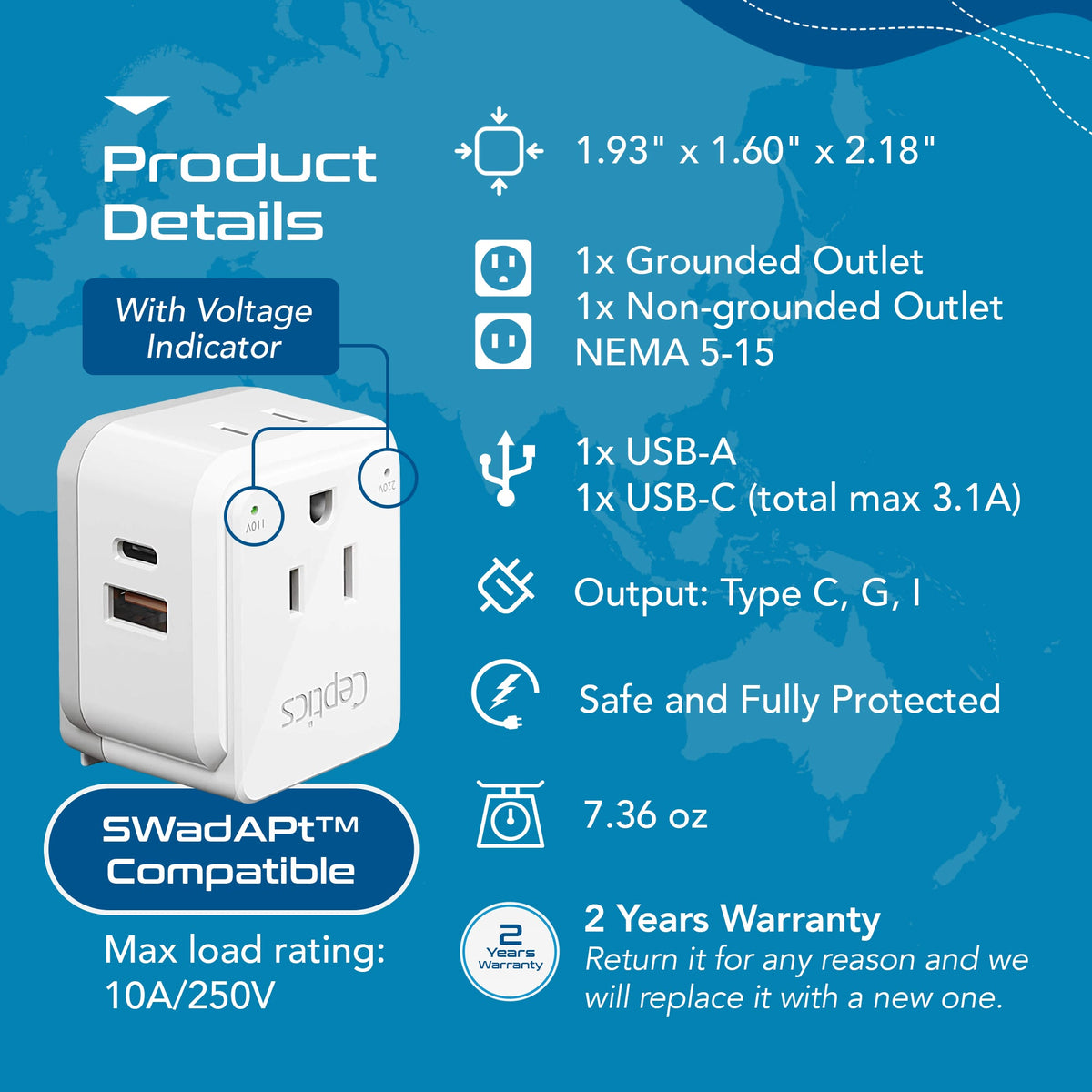 Asian, China, Malaysia Travel Adapter Set | Type C, G, I - USB & USB-C Ports + 2 US Outlets (PAK-AS)