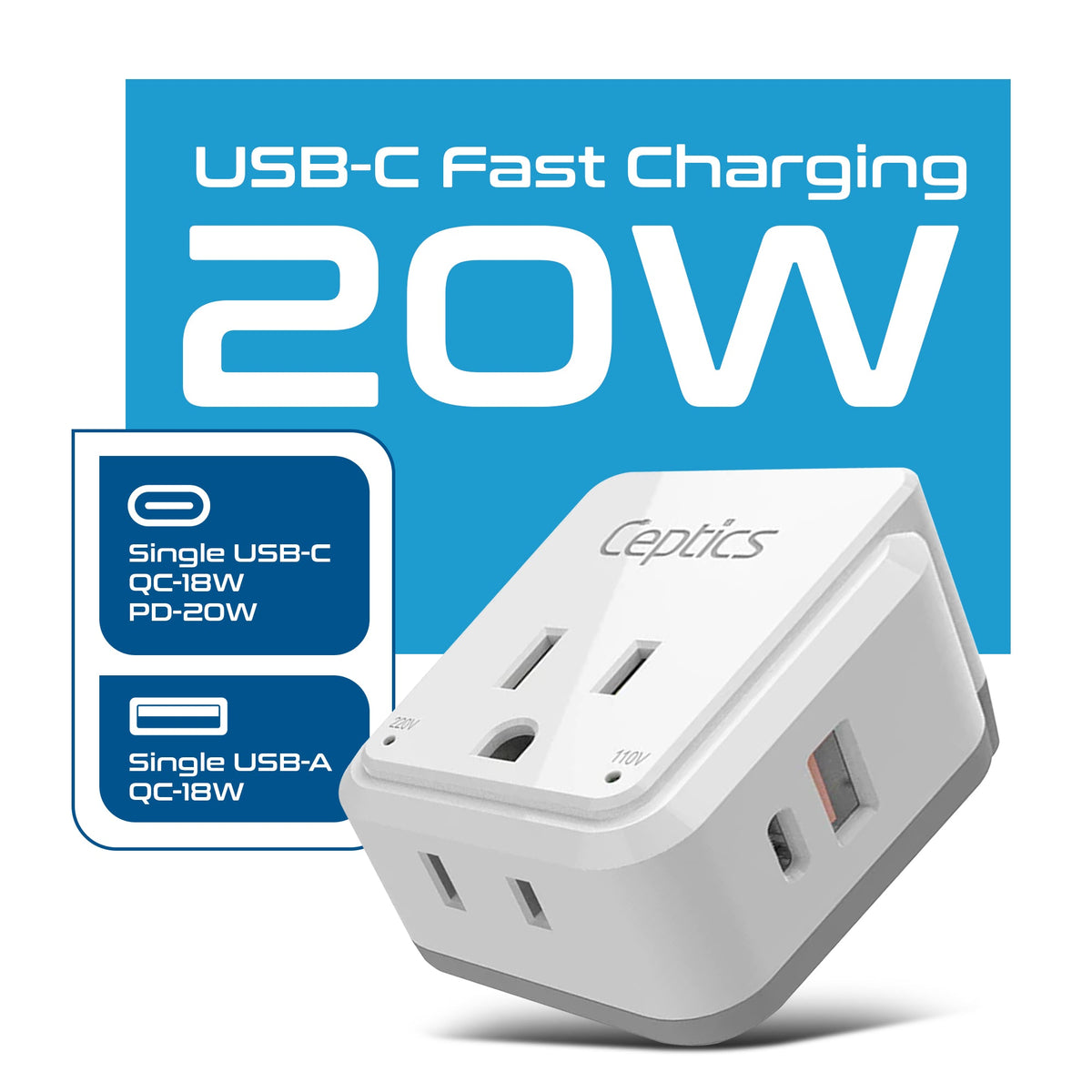 India, Nepal Travel Adapter Set | Type C, D - USB & USB-C Ports + 2 US Outlets (PAK-IN)