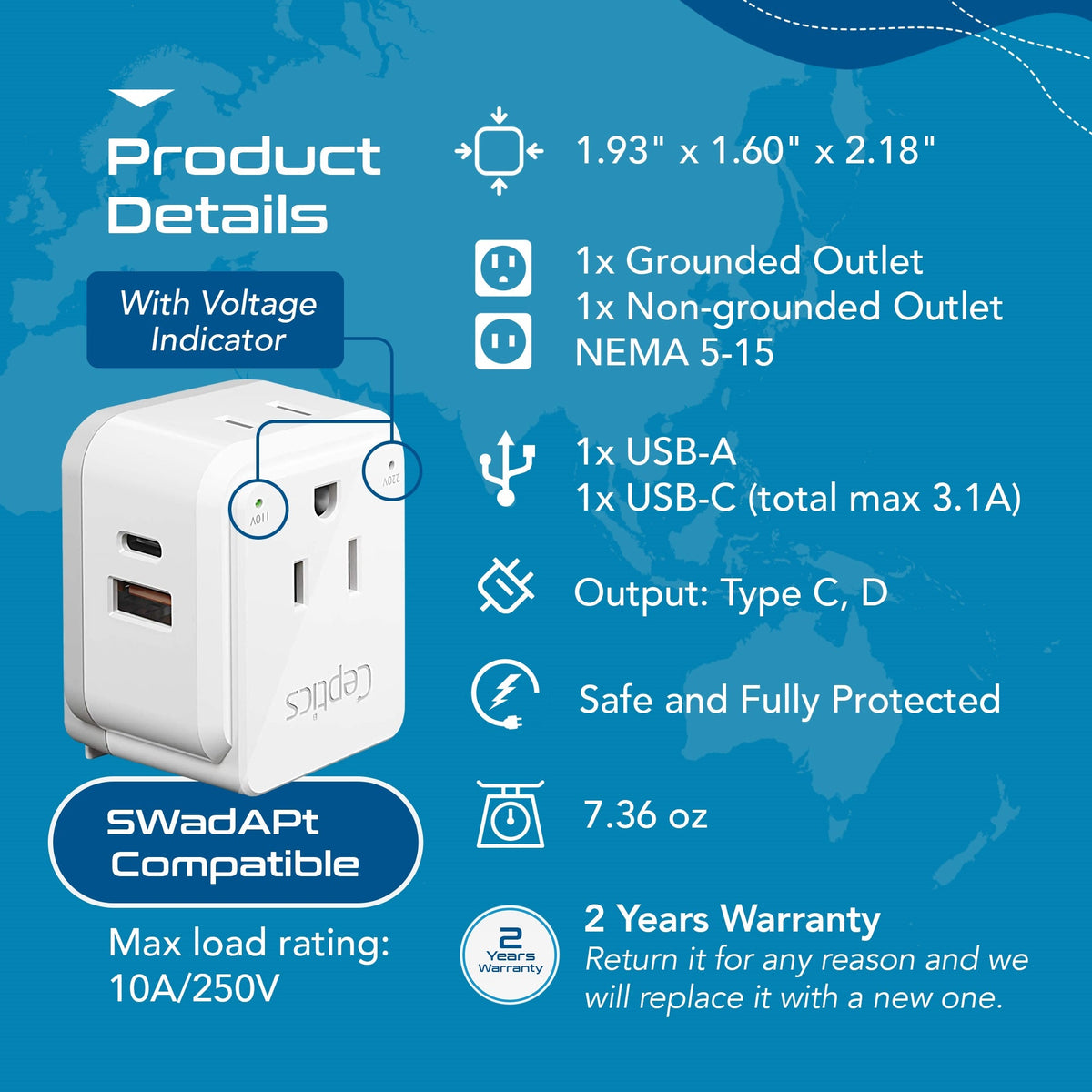 India, Nepal Travel Adapter Set | Type C, D - USB & USB-C Ports + 2 US Outlets (PAK-IN)