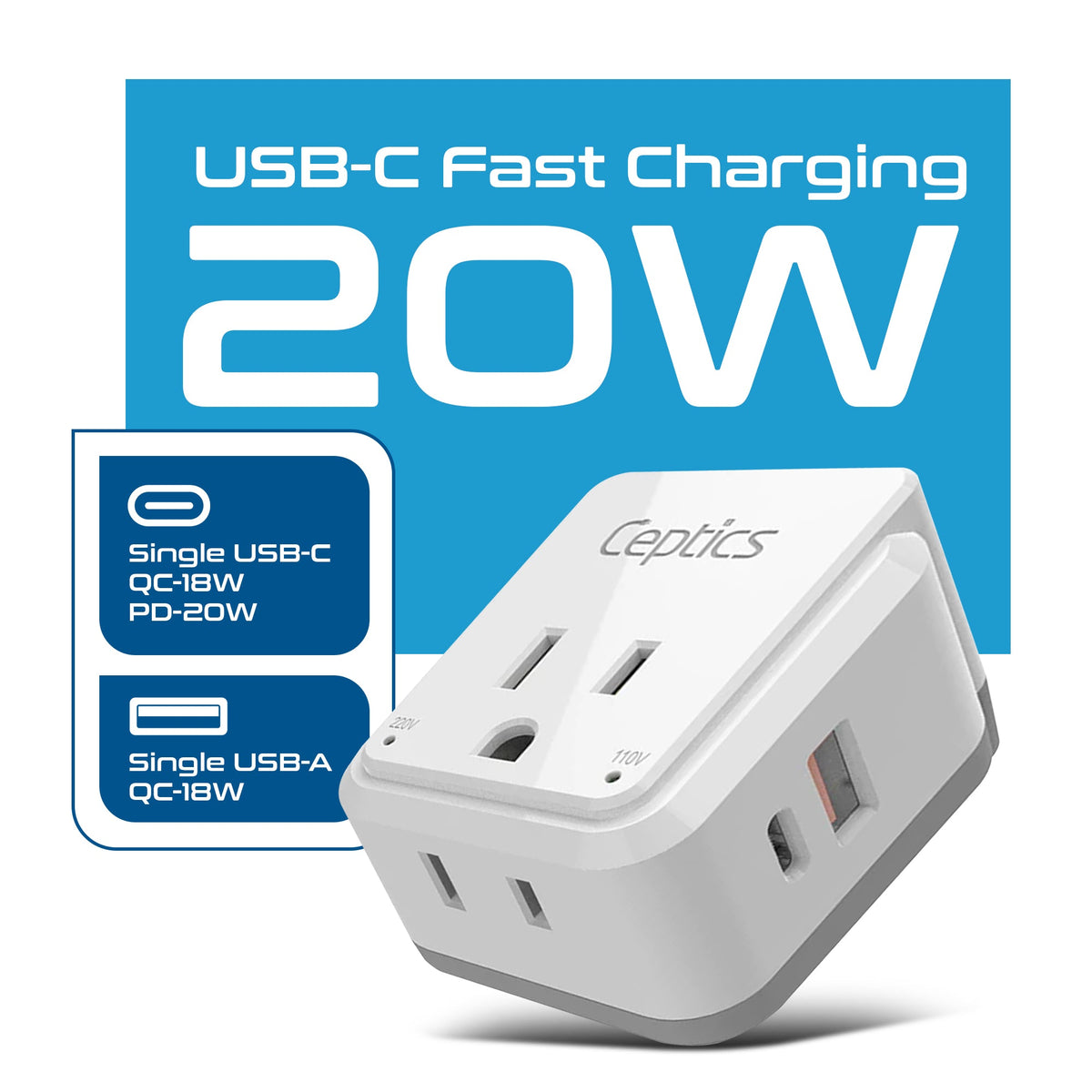 England, Hong Kong Travel Adapter | Type G - USB & USB-C Ports + 2 US Outlets (PAK-UK)