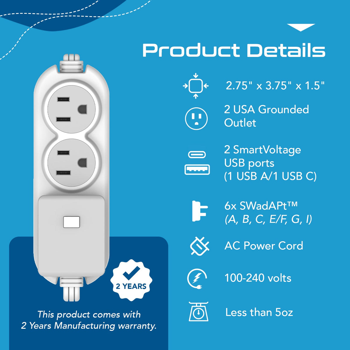 Compact Travel Power Strip - 2 US Outlets, USB & USB-C Ports - Grounded (PS-2U+)