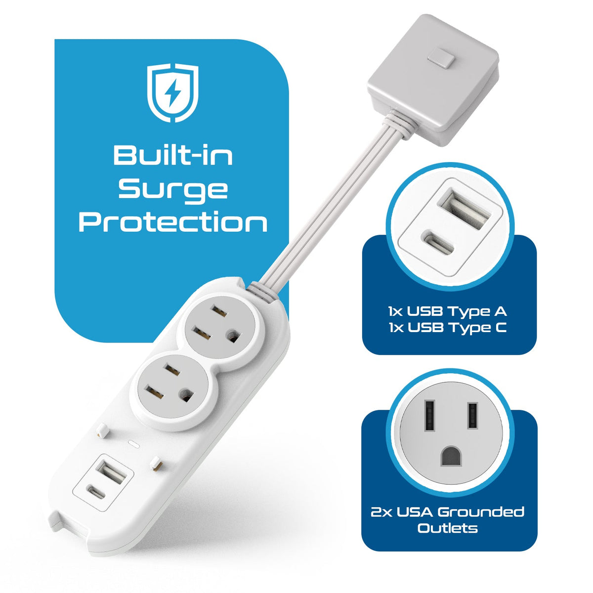 Compact Travel Power Strip - 2 US Outlets, USB & USB-C Ports - Grounded (PS-2U+)