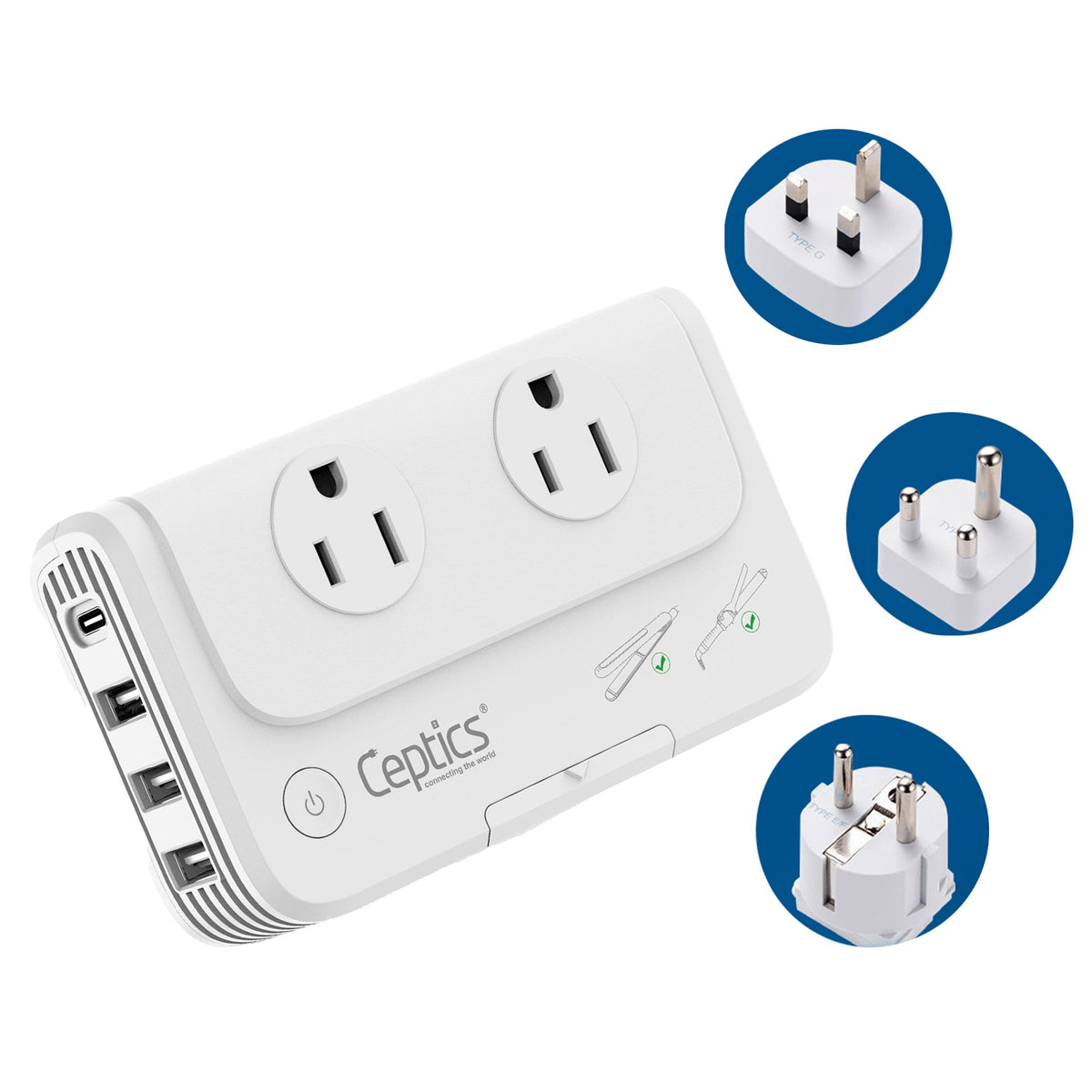200W Step Down Converter – 2x outlets & 3 USB-A + 1 USB-C – AC 220-240V to 110V-120V Travel Voltage Converter - (PU-200X)