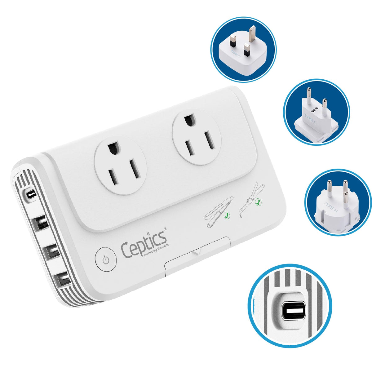 200W Step Down Converter – 2x outlets & 3 USB-A + 1 USB-C – AC 220-240V to 110V-120V Travel Voltage Converter - (PU-200X)