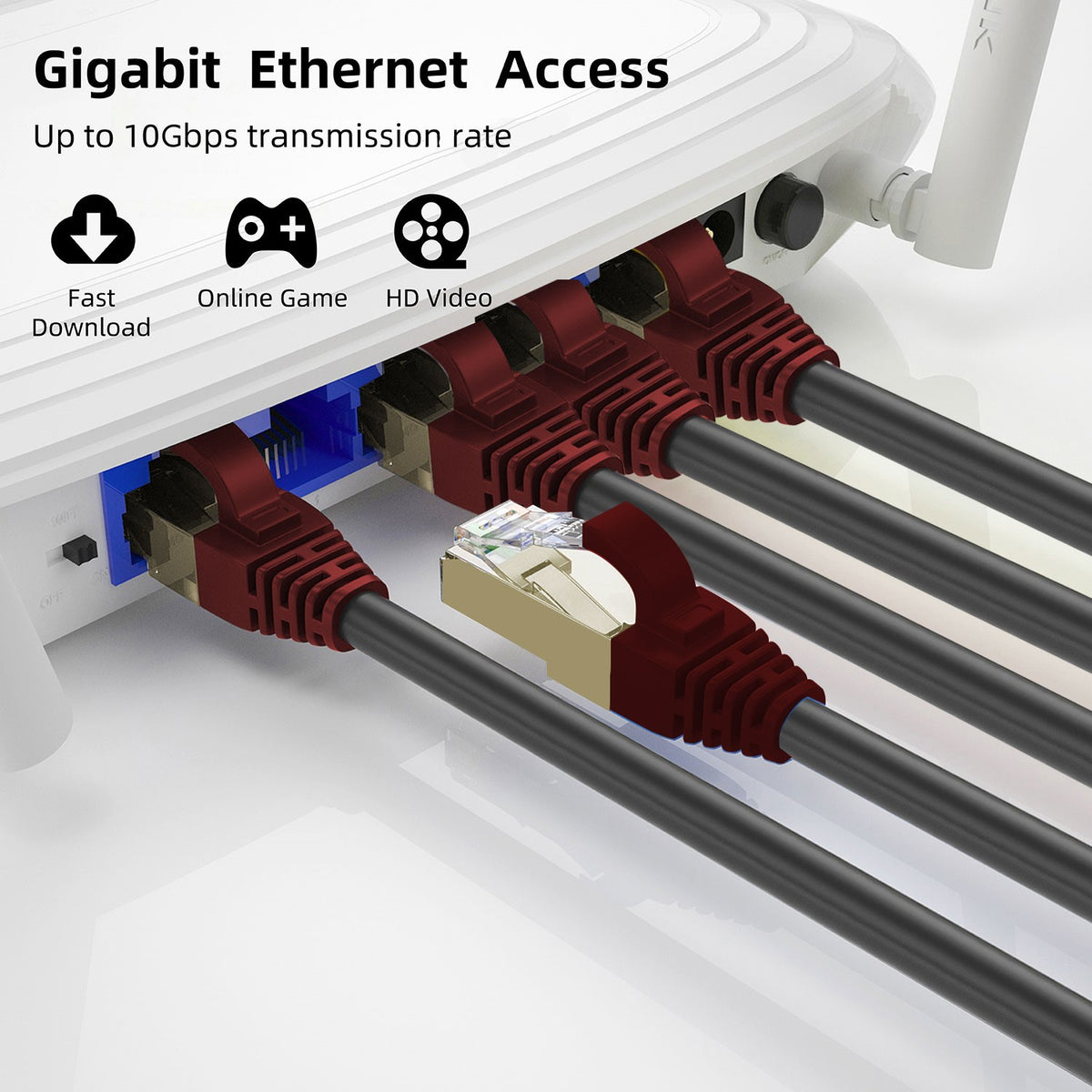QualGear Cat 7 outdoor Ethernet cables connected to a wireless router, up to 10 Gbps