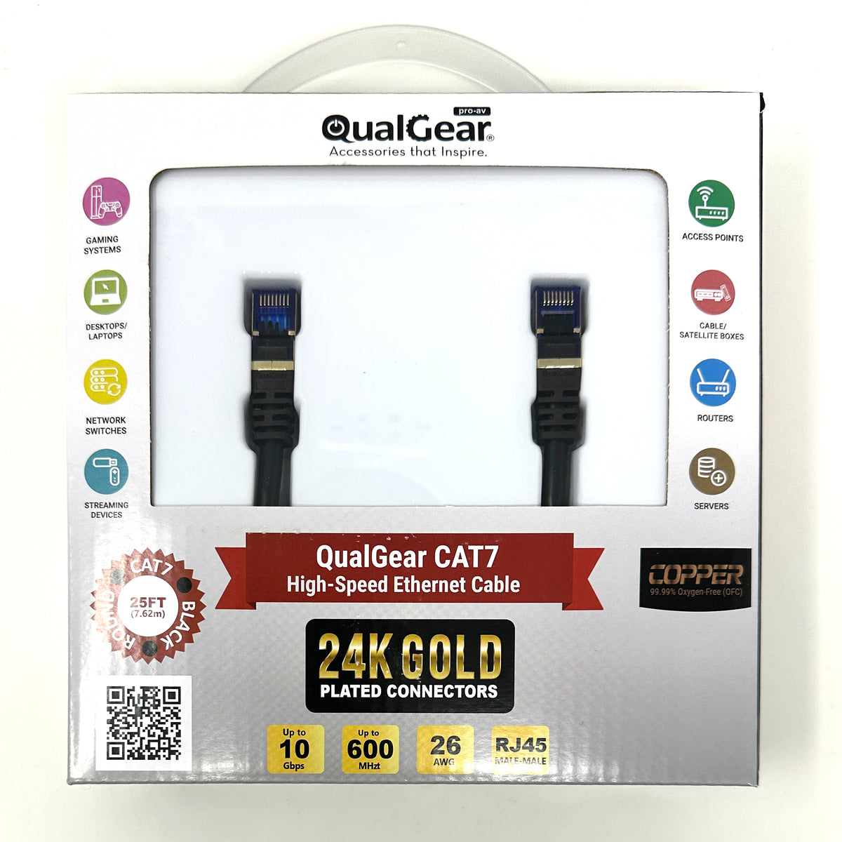 QualGear Cat 7 Ethernet cable retail box, 25 ft, black