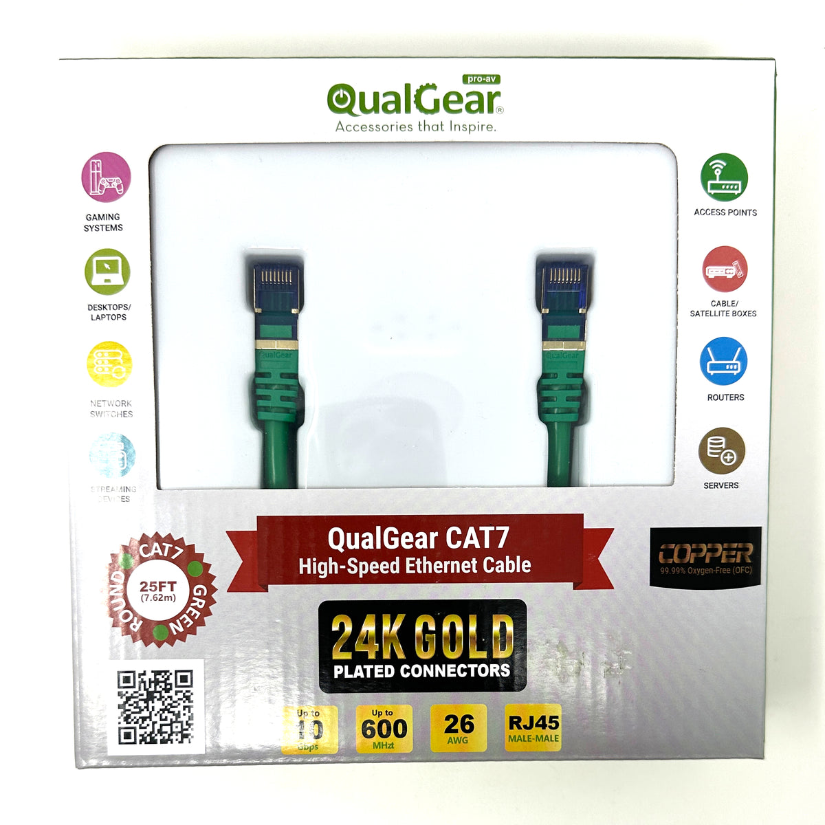 QualGear Cat 7 Ethernet cable retail box, 25 ft, green
