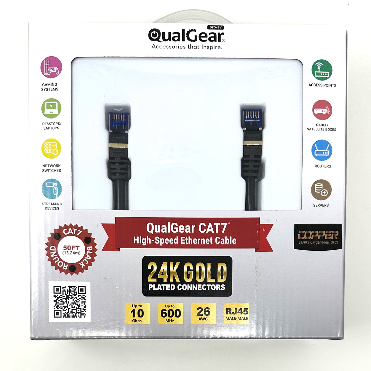 QualGear Cat 7 Ethernet cable retail box, 50 ft, black